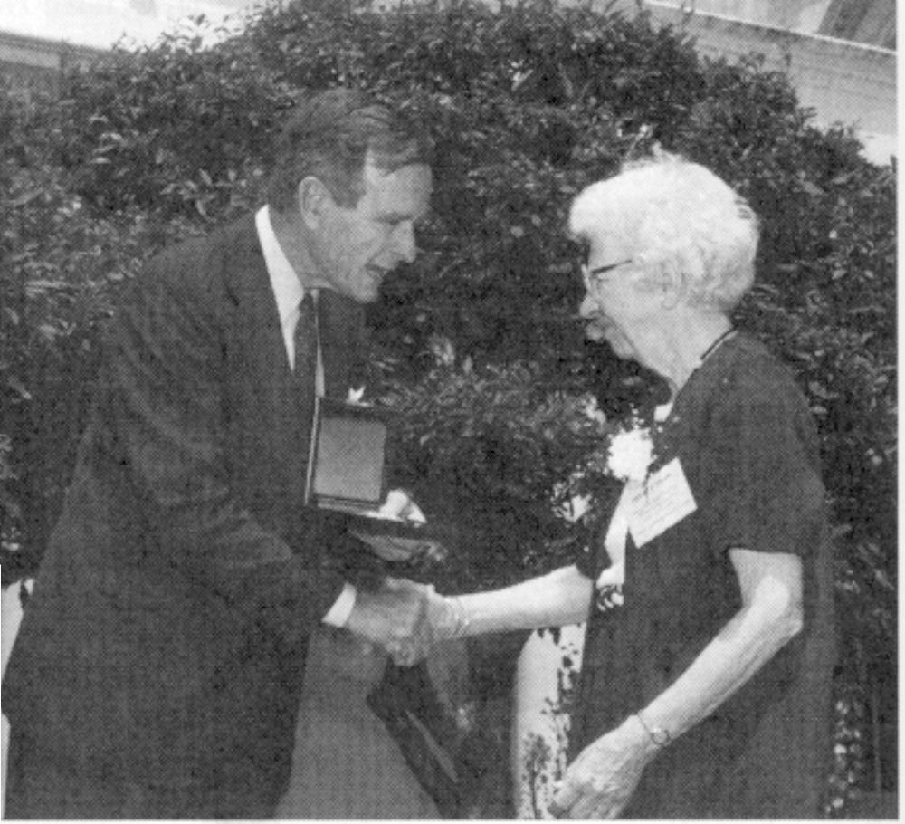 President George H. W. Bush presents Eleanor J. Gibson with the National Medal of Science