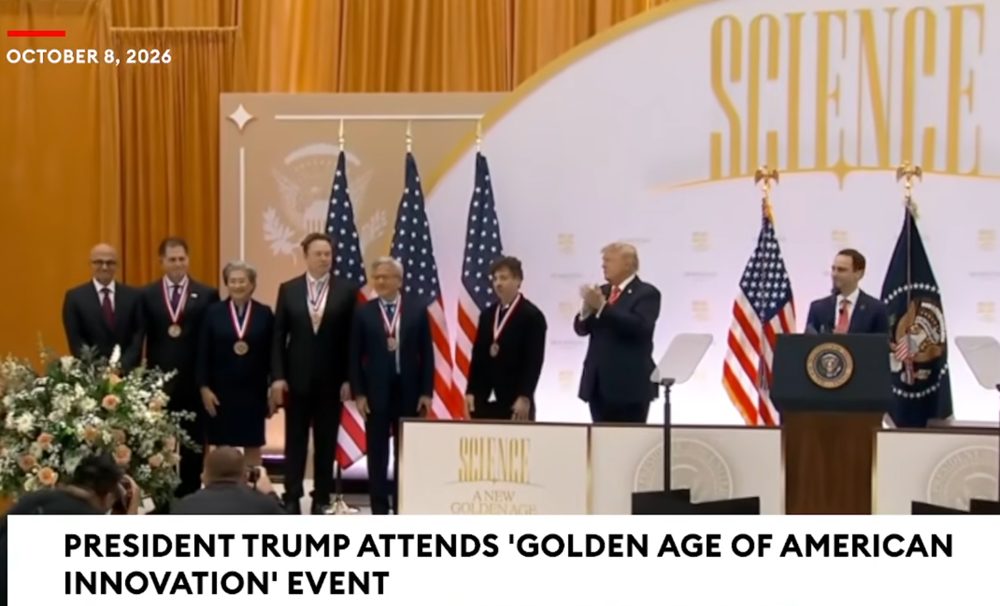 The six 2026 laureates on stage with President Trump