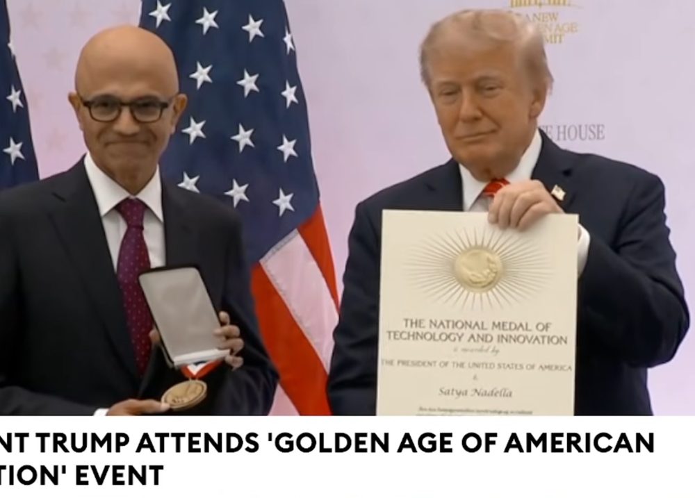 Satya Nadella receives the medal from President Trump